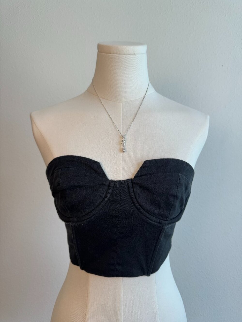 White Fox Black Strapless Corset Crop Top